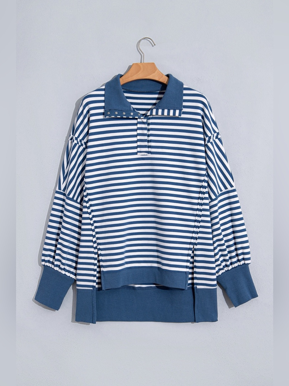 Stripe Color Block Trim Raw Seam Split Hem Loose Sweatshirt - Picture 9 of 16
